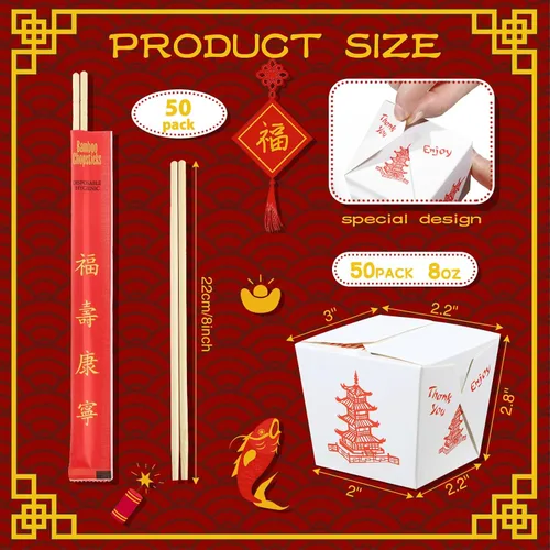 Vista 2 de Sabary 50 juegos de cajas chinas de 8 onzas para llevar con palillos, recipientes de papel de pagoda para alimentos con palillos desechables