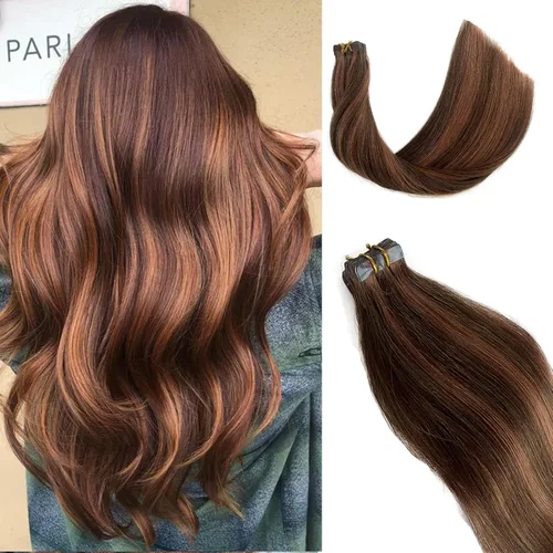 Vista 7 de Extensiones de cabello humano rubio con cinta, reflejos rubio ceniza y rubio platino, extensiones de cabello rubio platinado, cinta adhesiva