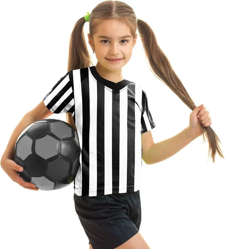 Amoy Camiseta de árbitro para niños, camiseta oficial de árbitro para fútbol, baloncesto, negro, blanco, raya, profesional, uniforme de manga corta