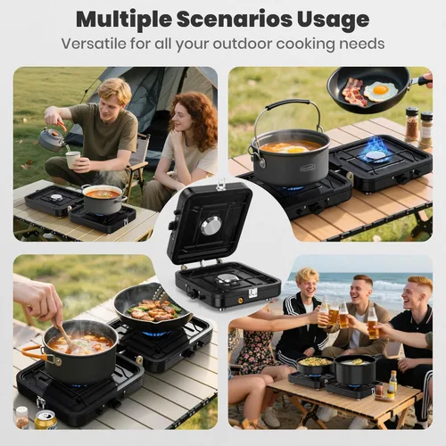 Vista 7 de Estufa de campamento de propano plegable de 2 quemadores con bolsa de transporte, quemadores de calor altos ajustables y botón piezoeléctrico