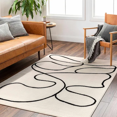 Hauteloom Eilir - Alfombra abstracta moderna para pasillo, cocina, color beige, negro, crema, 2 pies 7 pulgadas x 7 pies 3 pulgadas