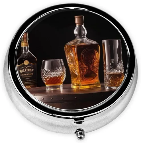 Whisky Beer Pictures Print Round Pill Box 3 Compartment Medicine Pill Case Portable Pill Container for Daily Medicine Supplement Vitamin