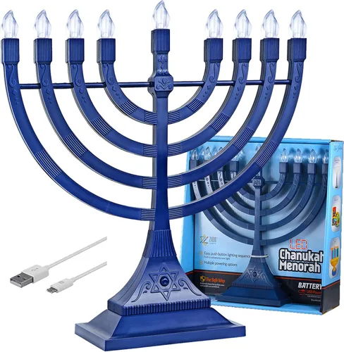 Menorá eléctrica con luces LED, de Zion Judaica, funciona con batería o USB