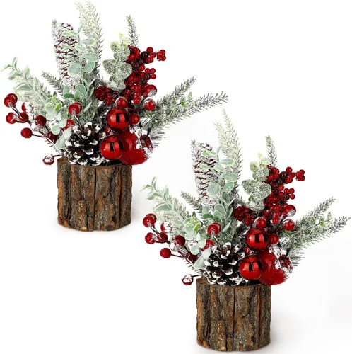 Pequeño árbol de Navidad de mesa artificial, mini decoraciones de árbol de Navidad con adornos navideños, bayas rojas, piñas, vegetación para hogar