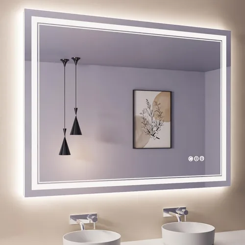 Vista 90 de Espejo de baño LED de 40 x 36 pulgadas con luces, retroiluminado y frontal iluminado para pared, antiempañamiento, regulable, memoria inastillable