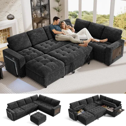 Vipbear Sofá cama modular en forma de L de 7 asientos con otomana/cama extraíble/respaldo reclinable/puertos USB/mesa/luz LED/asiento de Negro