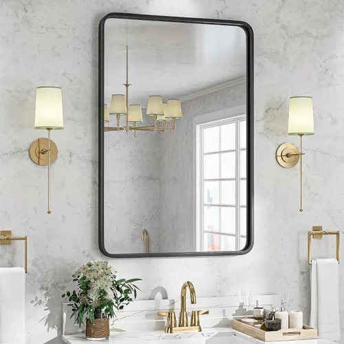 ZENY Espejo de baño con marco de metal negro para pared, espejo rectangular de montaje en pared de 24 x 36 pulgadas, espejo de tocador, espejo de