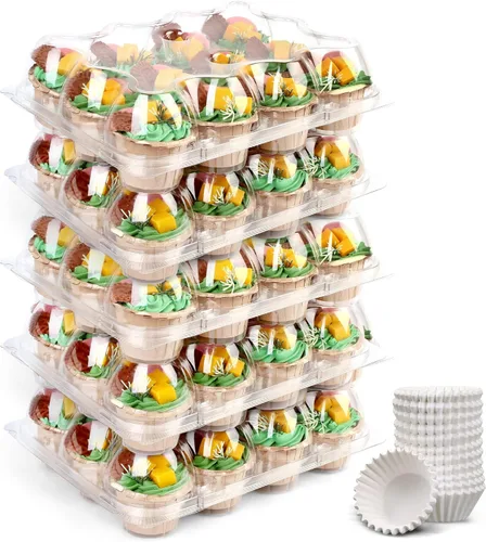 LotFancy (12 unidades x 5 juegos) recipientes para cupcakes con 60 forros, cajas apilables de plástico, soporte desechable para magdalenas con tapa