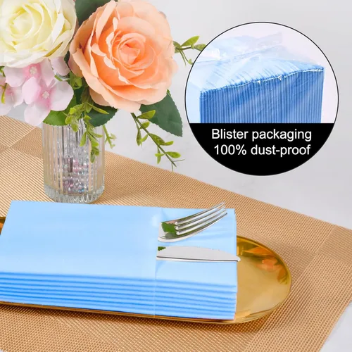 Vista 6 de Servilletas desechables de color azul menta, paquete de 50 servilletas de papel de tacto de lino con bolsillo integrado para cubiertos, tela
