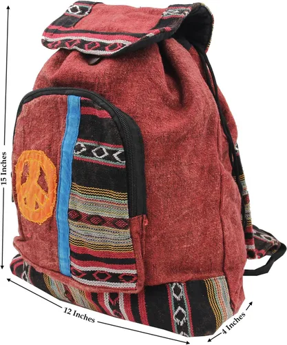 Vista 3 de DharmaObjects Mochila hecha a mano de algodón crudo bohemio hippie, Borgoña, Viajar