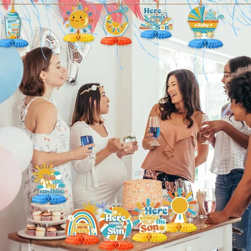 Vista 6 de 12 piezas Here Comes The Son - Decoración de nido de abeja, centro de mesa bohemio para baby shower, arco iris, sol, fiesta, decoración de mesa