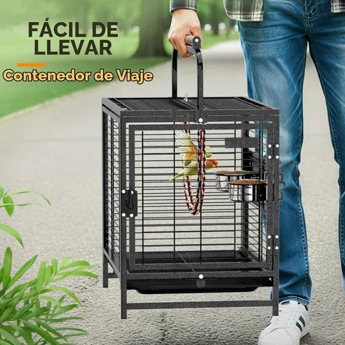 Vista 3 de VINGLI Jaula pequeña para pájaros con rodillo, jaula de periquito de hierro forjado de 52 pulgadas con perca de madera y estantes de almacenamiento