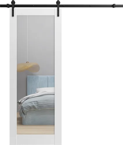 SARTODOORS Puerta de granero resistente de 30 x 80 pulgadas | Lucia 1299 seda blanca con espejo | Juego de perchas de riel de 6.6 pies | Puertas