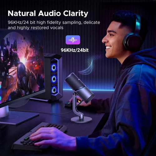 Vista 2 de UGREEN Micrófono para PC, micrófono USB con luces RGB, botón de silencio, 24bit/96kHz, patrón polar cardioide, control de volumen, micrófono