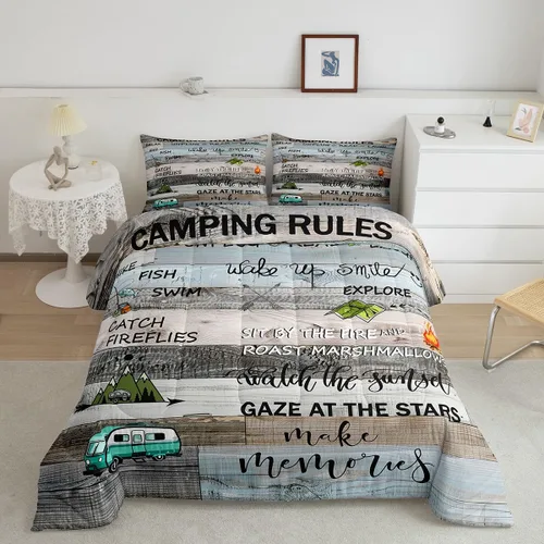 Vista 36 de Erosebridal Juego de edredón de cabaña de cabaña, juego de ropa de cama individual para niños, edredón de campamento con temática de campamento