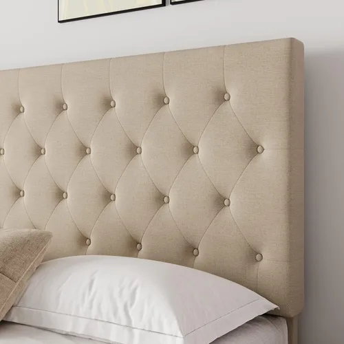 Vista 12 de HOOMIC Base de cama tapizada de tela de tamaño matrimonial con cabecera ajustable de diamante, base de colchón, listones de madera, no necesita Gris