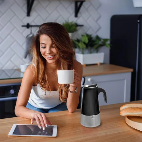 Vista 9 de Mixpresso Cafetera Espresso Greca Negra para Estufa de 6 Tazas 300ml/10oz, Olla Moka con Diseño de Percolador de Café, Cafetera de Acero Inoxidable