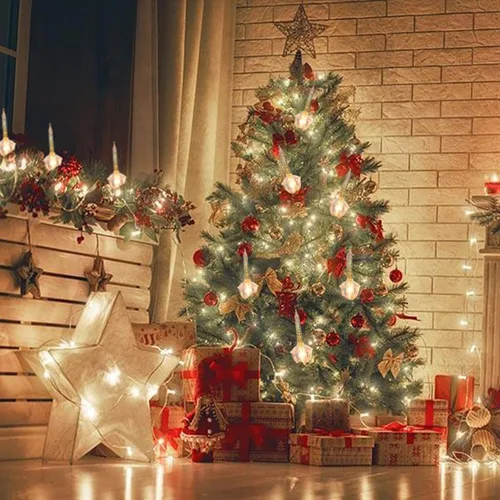 Vista 6 de Juego de Luces de Burbujas Doradas de Navidad, Tira de Luces Navideñas Vintage de 11 Pies con 8 Luces de Burbujas Doradas (1 de Repuesto), Base