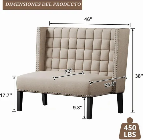 Vista 3 de Andeworld Sofá de dos plazas moderno, sofá de banquete tapizado para comedor, sala de estar, pasillo o entrada, funiture con patas de madera, masilla
