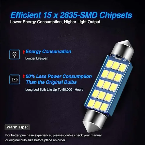 Vista 3 de 2 bombillas LED 578 extremadamente brillantes de 1.59 pulgadas, 6500 K, blanco 2835, chipsets de 400 lúmenes, para interiores, cúpula, mapa, puerta