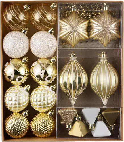 DecorbyHannah Gold White Christmas Ornaments Set, 40ct Assorted Modern Christmas Tree Decorations, Shatterproof Hanging Ball Ornaments Bulk for Xmas