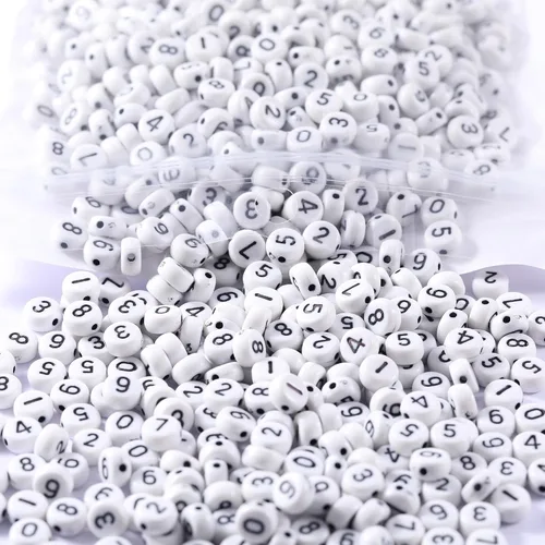 1000 cuentas de números de acrílico blanco de 0.276 x 0.157 pulgadas, cuentas de números mixtos de plástico acrílico, forma redonda, cuentas sueltas