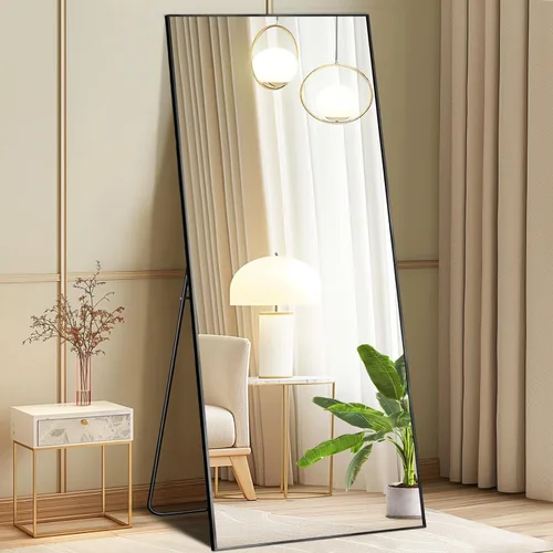 Vista 15 de DUMOS - Espejo de pie arqueado de cuerpo completo con soporte, marco de aluminio, para colgar o apoyar, nanocristal inastillable, para decorar