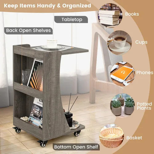 Vista 6 de Tangkula Mesa auxiliar en forma de C, mesa auxiliar pequeña para sofá/sofá, mesa auxiliar con compartimento trasero de 3 niveles, ruedas con frenos