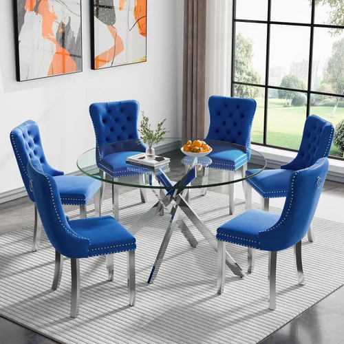Vista 100 de Juego de mesa de comedor de cristal dorado moderno de 47 pulgadas para 2, juego de mesa de comedor de cocina redonda de 3 piezas con patas cruzadas