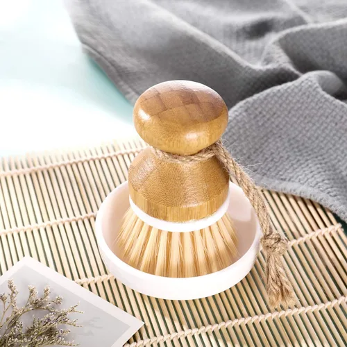Vista 5 de Boao Cepillo de bambú para limpiar platos y 1 soporte de madera natural para limpiar la cocina, cepillo duradero de bambú para limpiar ollas