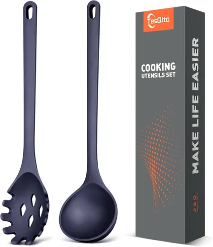 Vista 11 de Juego de 2 utensilios de cocina de silicona para espaguetis y cucharón de Blanco