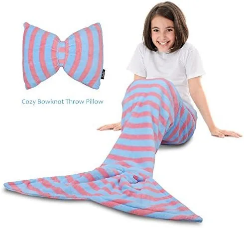 Tirrinia Manta de cola de sirena – Juego de manta de sirena de forro polar súper suave para niños y niñas de 3 a 12 años, almohada con lazo