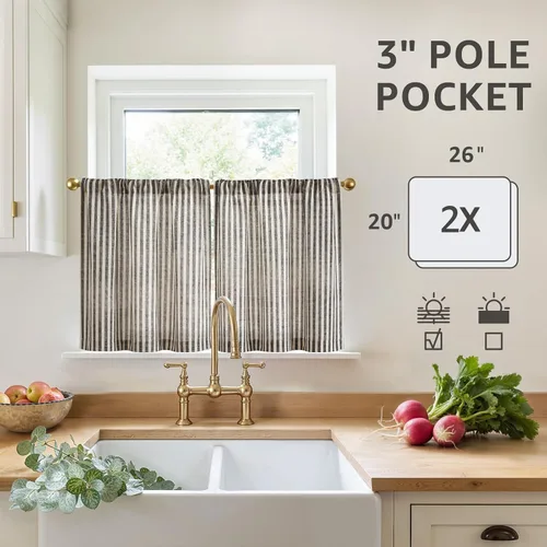 Vista 5 de jinchan - Cortinas de lino a rayas para cocina de 20 pulgadas de largo, cortinas de varios niveles, estilo granja moderna de café, tratamientos