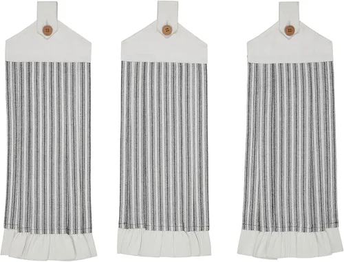 VHC Brands Cotton Sawyer Mill Ticking - Juego de 3 toallas de cocina con lazo de botón, colgantes, plisadas, para baño, cocina, colección Sawyer