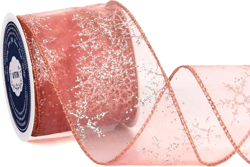 VATIN Cinta con alambre de purpurina de copo de nieve, cinta transparente de organza de cobre con borde metálico de cobre, 2-1/2 pulgadas - 10 Copo