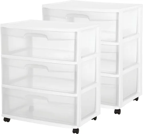 Vista 9 de Sterilite, cajonera amplia de 3 cajones con ruedas, carrito de organización rodante de plástico, marco blanco