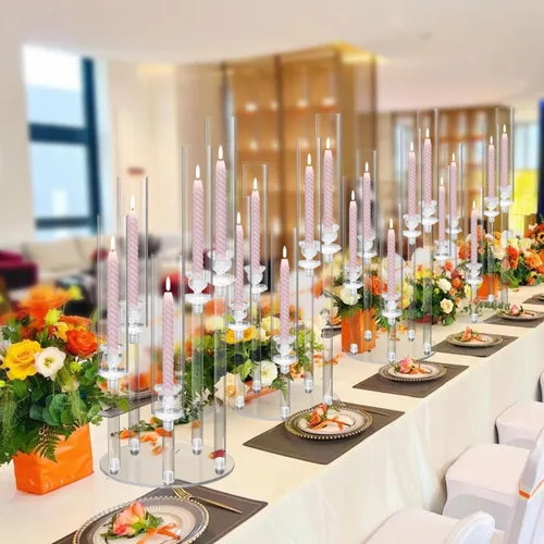 Vista 6 de Centro de mesa de acrílico para mesas de boda, vela transparente de 5 brazos a granel para fiestas, cumpleaños, baby shower, Halloween, candelabros