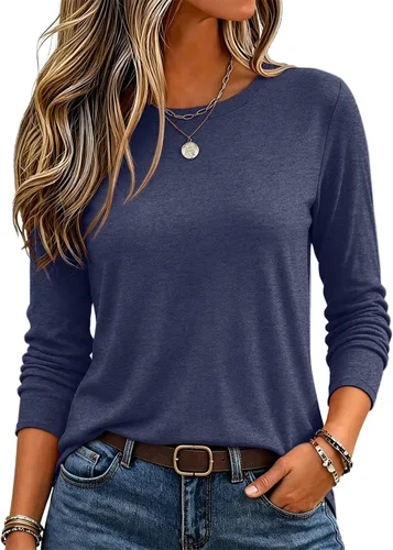 Vista 17 de Zeagoo Paquete de 3 camisetas de manga larga para mujer, estilo casual, suave, cuello redondo, básicas, ropa de otoño Z Rayas Azul 273