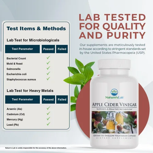 Vista 4 de Nature's Lab Vinagre de sidra de manzana 1200 mg con cromo - 120 cápsulas (suministro para 60 días)