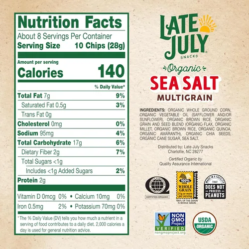 Vista 2 de Late July Chips de tortilla multigrano orgánicos con sal marina, 7.5 onzas