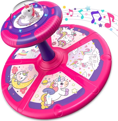 Flooyes Juguetes de unicornio para sentarse y girar para niñas de 2 años, regalos de cumpleaños de Navidad para 1, 2, 3, 4, con LED y música, giro