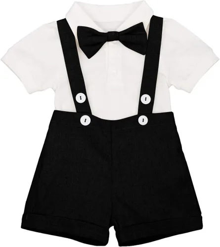 IDOPIP Conjunto de Traje Formal para Bebés Niños, Mameluco de Manga Corta con Tirantes, Pantalones Cortos, Corbatín, Traje de Boda, Esmoquin para