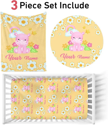 Vista 2 de Juego de sábanas ajustables para cuna para bebé juego de ropa de cama personalizado para cuna de 3 piezas con nombre, juego de ropa de cama