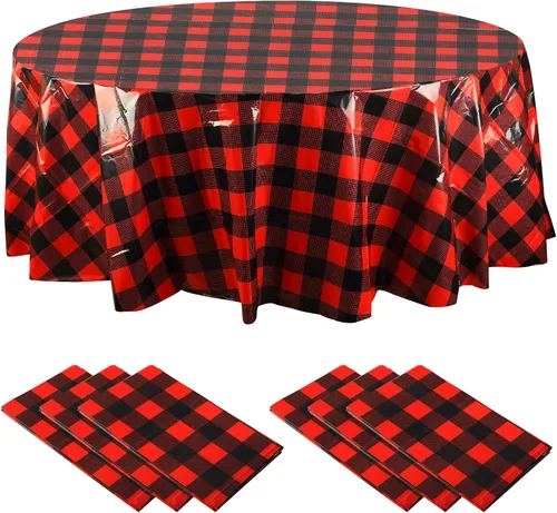 Vista 19 de Remagr Mantel Desechable de Cuadros Redondo de Plástico Buffalo Plaid Mantel de Mesa de 84'' Cubierta de Mesa Gingham para Picnic Camping BBQ Fiesta