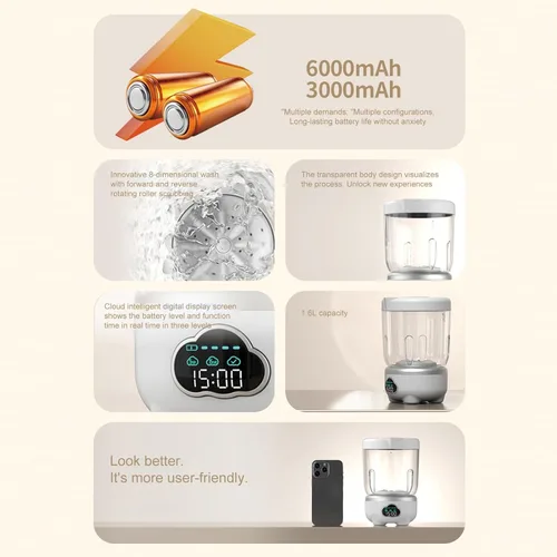 Vista 5 de Lavadora de ropa interior – Lavadora recargable de 1.6 L, lavadora de bragas compacta, eficiente, ropa delicada, toallas, kit de lavandería