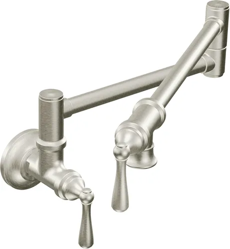 Vista 14 de Moen Grifo de cocina de doble junta montada en pared con brazo oscilante plegable de oro cepillado, S664BG