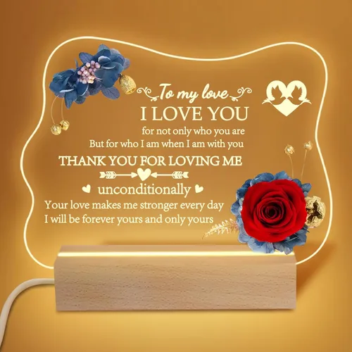 Yamonic Regalos para el día de San Valentín para ella, placa acrílica hecha a mano con rosa real eterna, luz nocturna con rosa preservada, regalos A