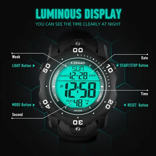 Vista 4 de F.ZEGAO Men Digital Sports Watch, 100M Diving Grade Waterproof Watch with Stopwatch Countdown Timer Alarm Function Dual Time Silicone Strap Wrist