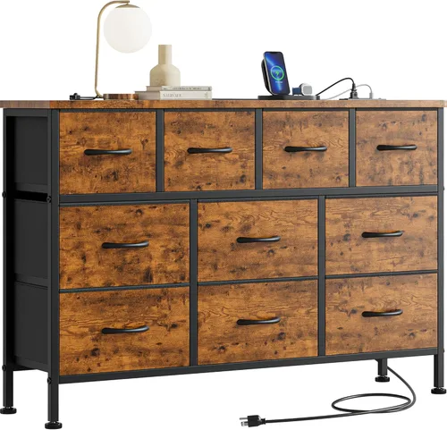 Vista 9 de Mueble de TV con toma de corriente, cómoda de 43 pulgadas de largo para dormitorio con 10 cajones de tela, cómoda para sala de estar, pasillo