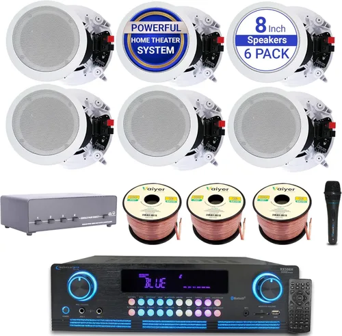 Vaiyer Kit de sistema de cine en casa, amplificador Bluetooth de 2000 vatios con 6 altavoces de techo enmarcados de 8 pulgadas de 300 W cada uno,